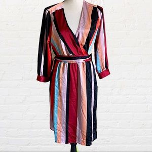 BAR III 3/4 SLEEVE STRIPED V NECK SHEATH WRAP DRESS